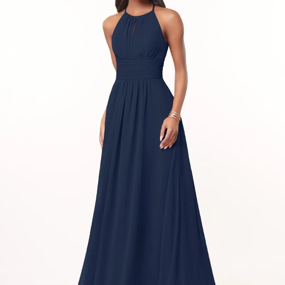 Azazie Bonnie Dark Navy A-Line Keyhole Ruched Chiffon Bridesmaid Dress A16